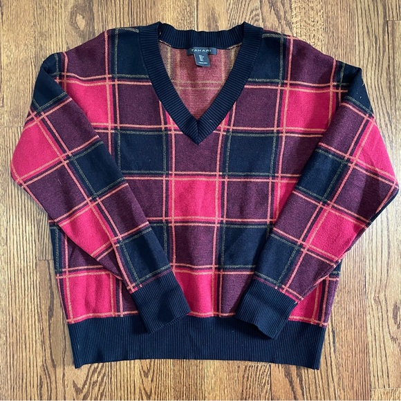 Tahari Red Black Gold V Neck Sweater Size Large - Picture 1 of 8
